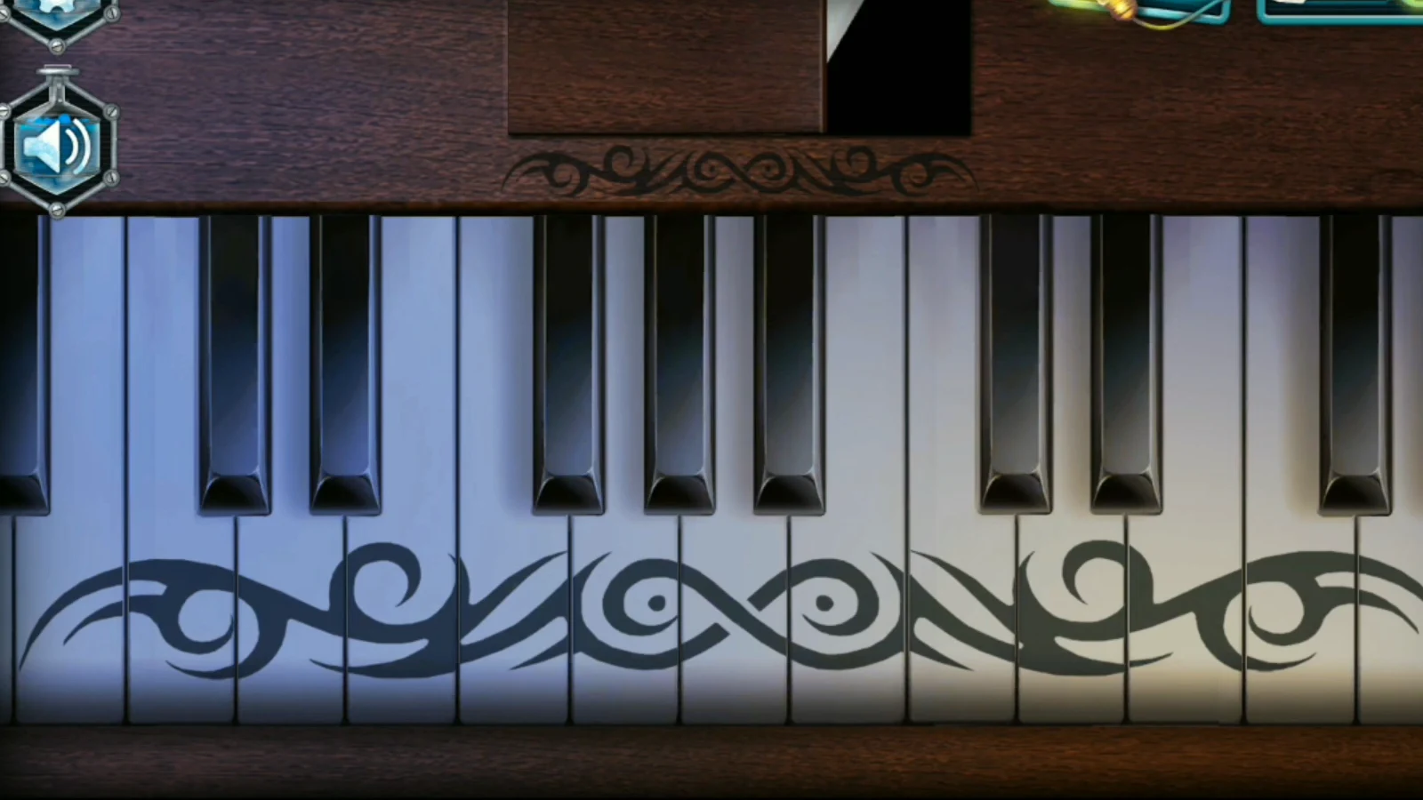 Piano keyboard with the black swirl pattern running unbroken across the keys