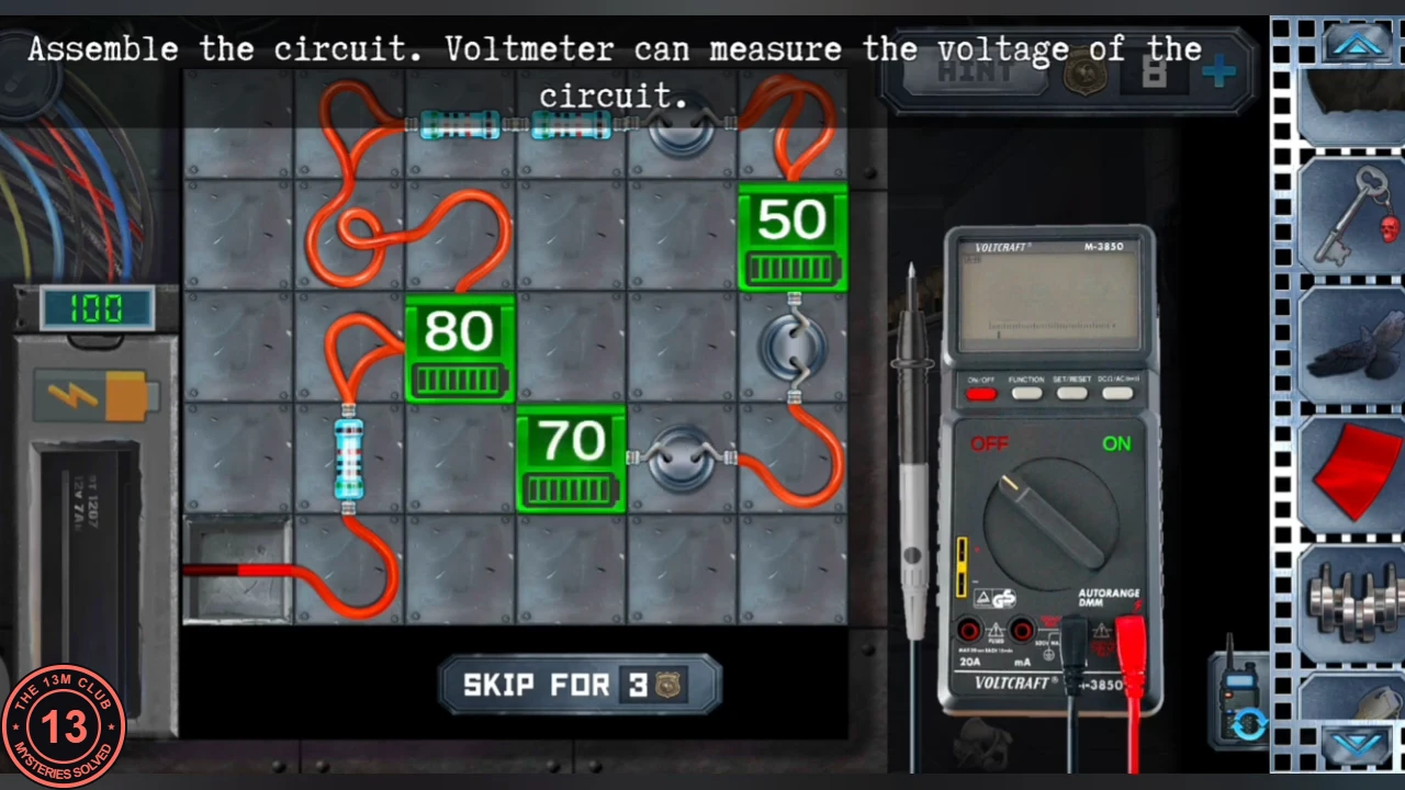 Circuit grid fed by a 100-volt battery at the left, orange wires, resistors and connectors linking three green boxes labelled 80, 50 and 70, a voltmeter at the right, instruction 'Assemble the circuit. Voltmeter can measure the voltage of the circuit.'