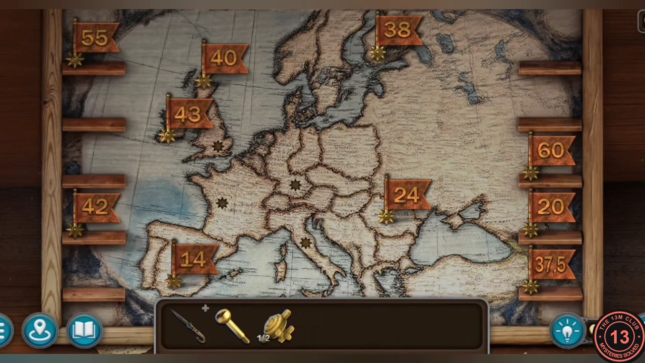 Europe map with flags 43, 40, 24, 14 and 38 placed