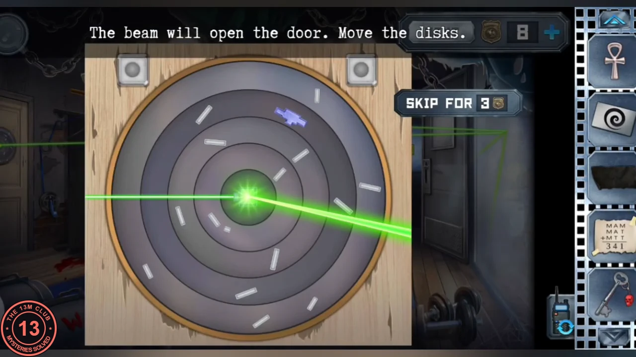 Laser disk lock on a wooden board: four concentric grey rings with small white mirror bars, a green beam entering from the right to the centre, two grey targets at the top corners, instruction 'The beam will open the door. Move the disks.'