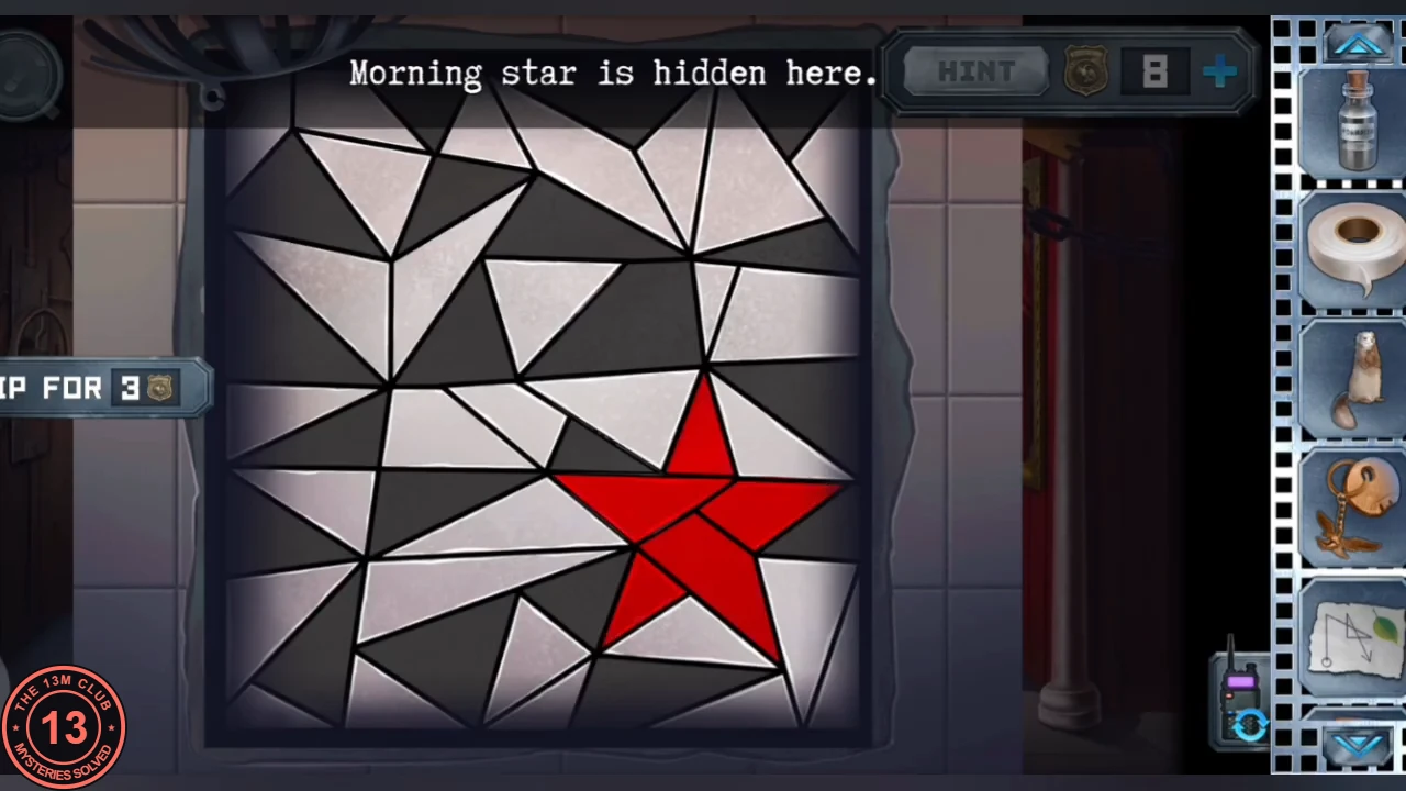 Shattered floor of black and white glass triangles with a red five-pointed star at the lower right, instruction 'Morning star is hidden here.'
