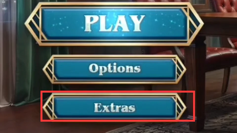 Title menu buttons Play, Options and Extras, with the Extras button outlined in red
