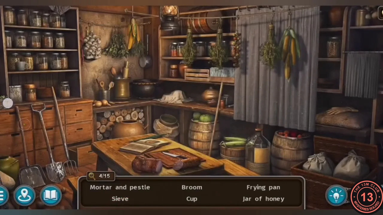 The old woman's pantry with shelves, drawers, a curtain and a workbench, with the object list at the bottom