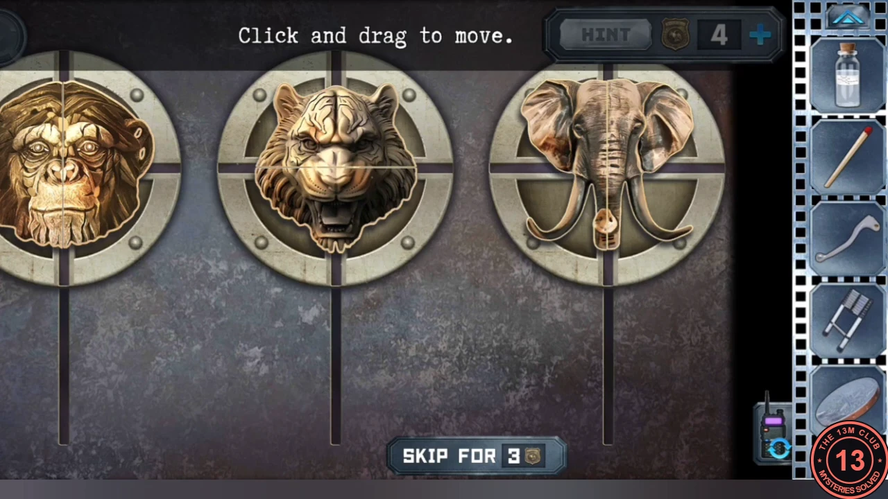 Animal-head door with three round frames each holding a complete head: a monkey, a tiger and an elephant