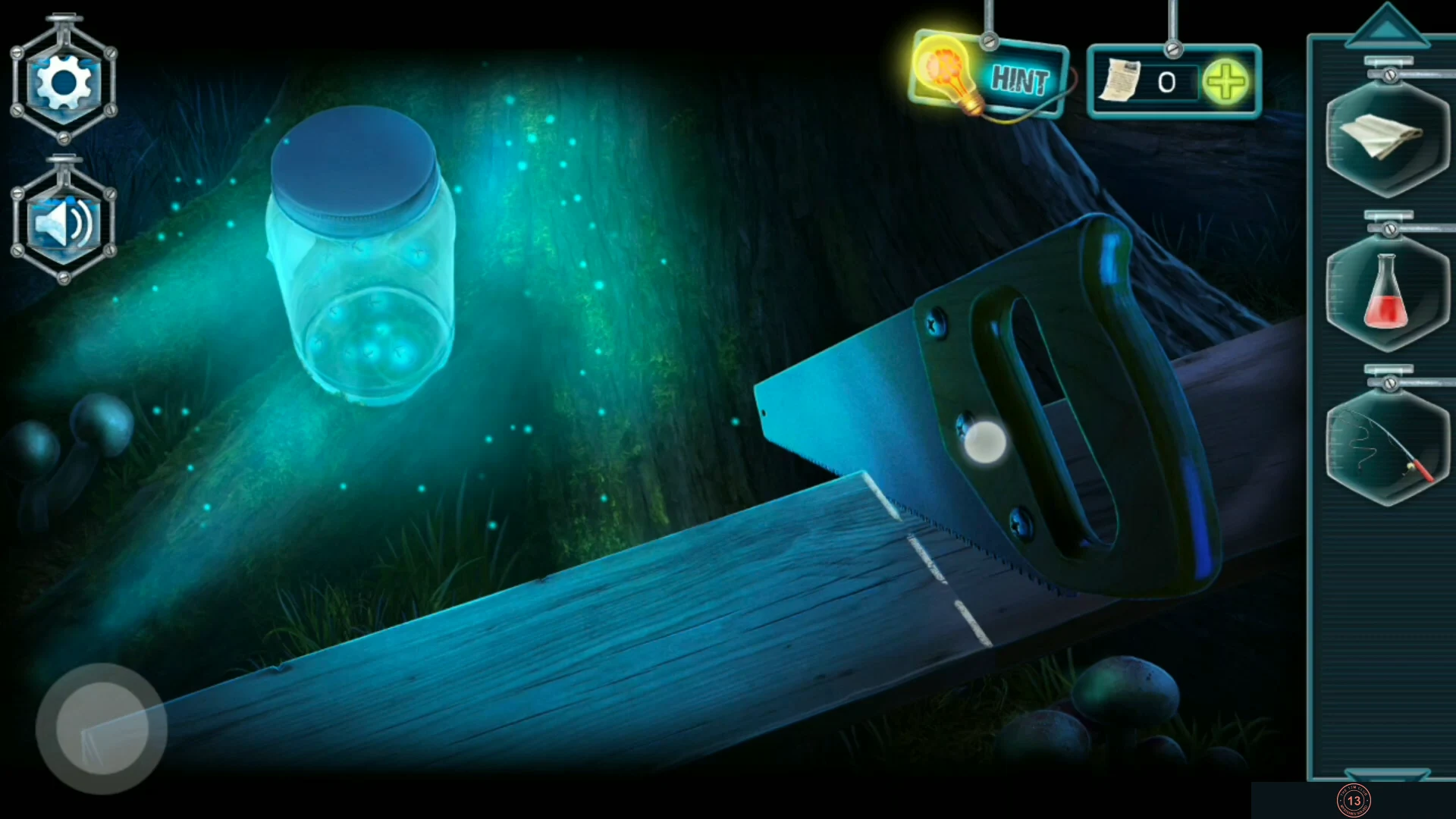 Plank under the big tree beside the firefly jar, with the saw resting on its dashed cutting line