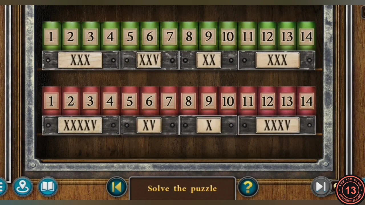 Two shelves of numbered books 1 to 14 above Roman numeral total plaques