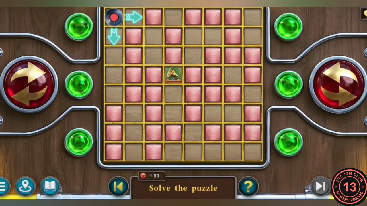 Jukebox puzzle: a record token at the top left of an 8 by 8 grid of pink blocks, with large turn buttons left and right
