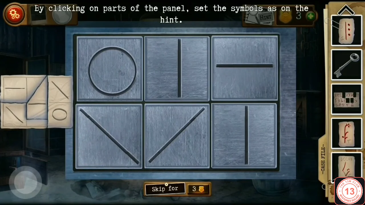 Six-tile metal panel with a circle, vertical and diagonal lines in the wrong orientation, and the assembled paper hint pieces on the left