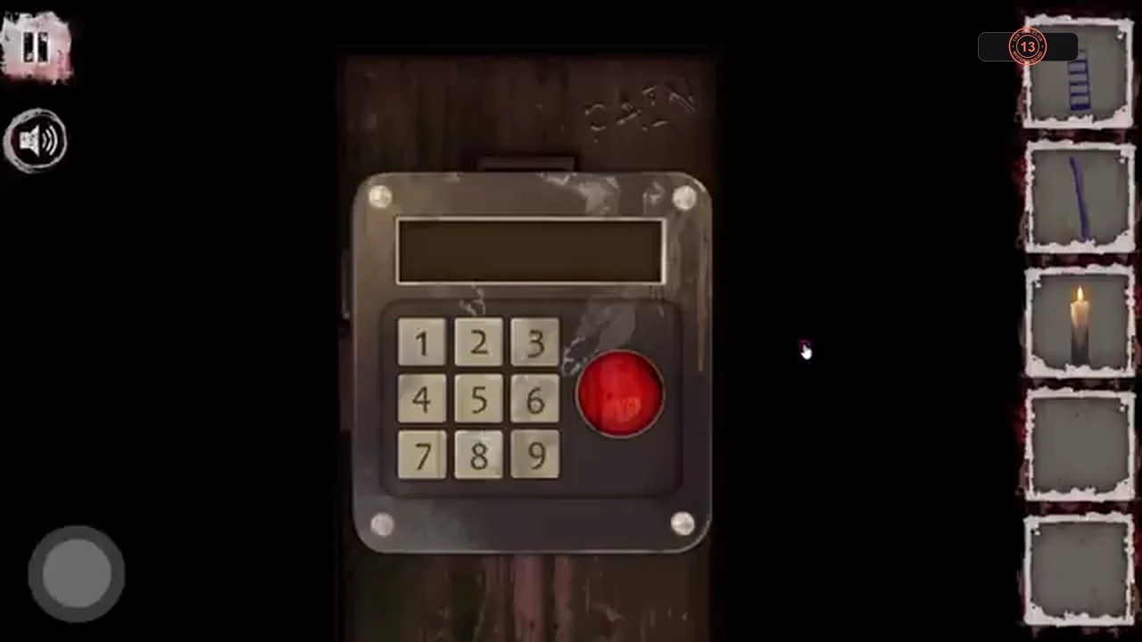 Keypad with digits 1 to 9 and a red button on the door marked PAIN