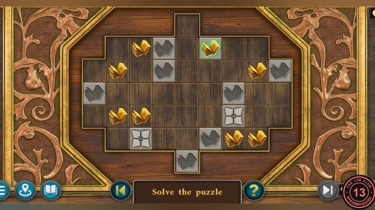 Study chest butterfly puzzle: gold butterflies, grey butterfly silhouettes and fixed four-petal stones on a wooden board