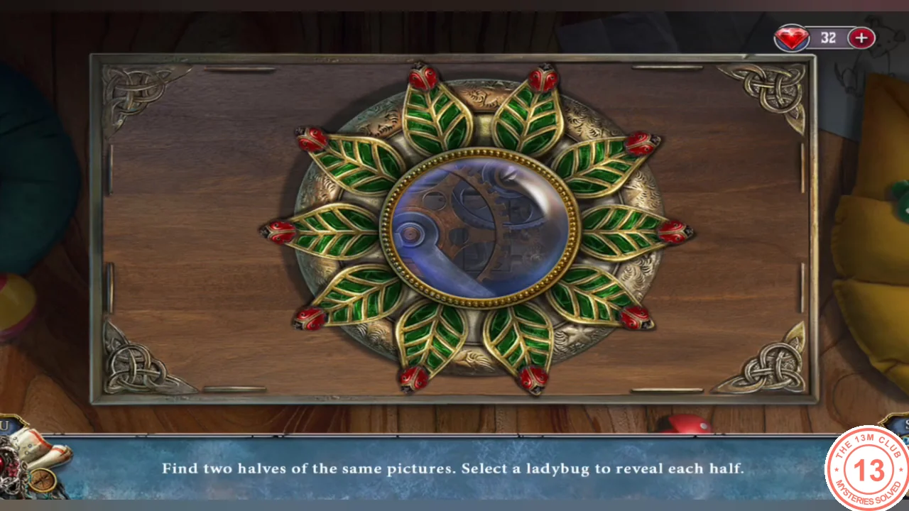 Round memory board with ladybugs on leaf petals around a blue center