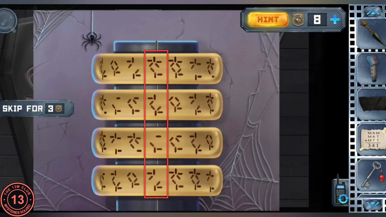 The glyph cylinder solved: the column under the centre seam, outlined in red, shows the four carpet glyphs from top ring to bottom ring