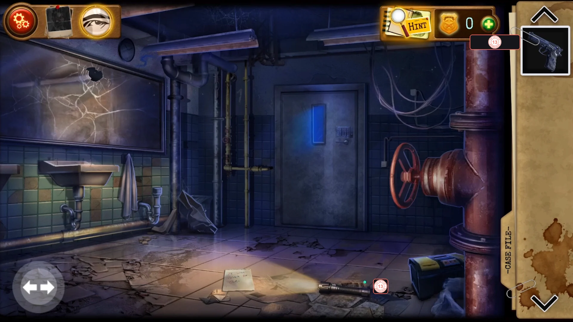 Dark basement washroom with a cracked mirror with a bullet hole, a sink, a steel door with a blue window, a red valve on a big pipe, and a note, flashlight and toolbox on the floor