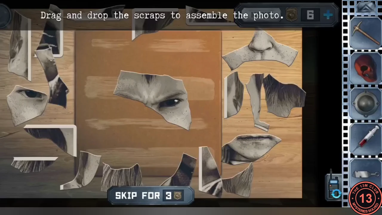 Torn black-and-white photo scraps of a frowning boy's face spread over a wooden reception table, with the instruction "Drag and drop the scraps to assemble the photo."