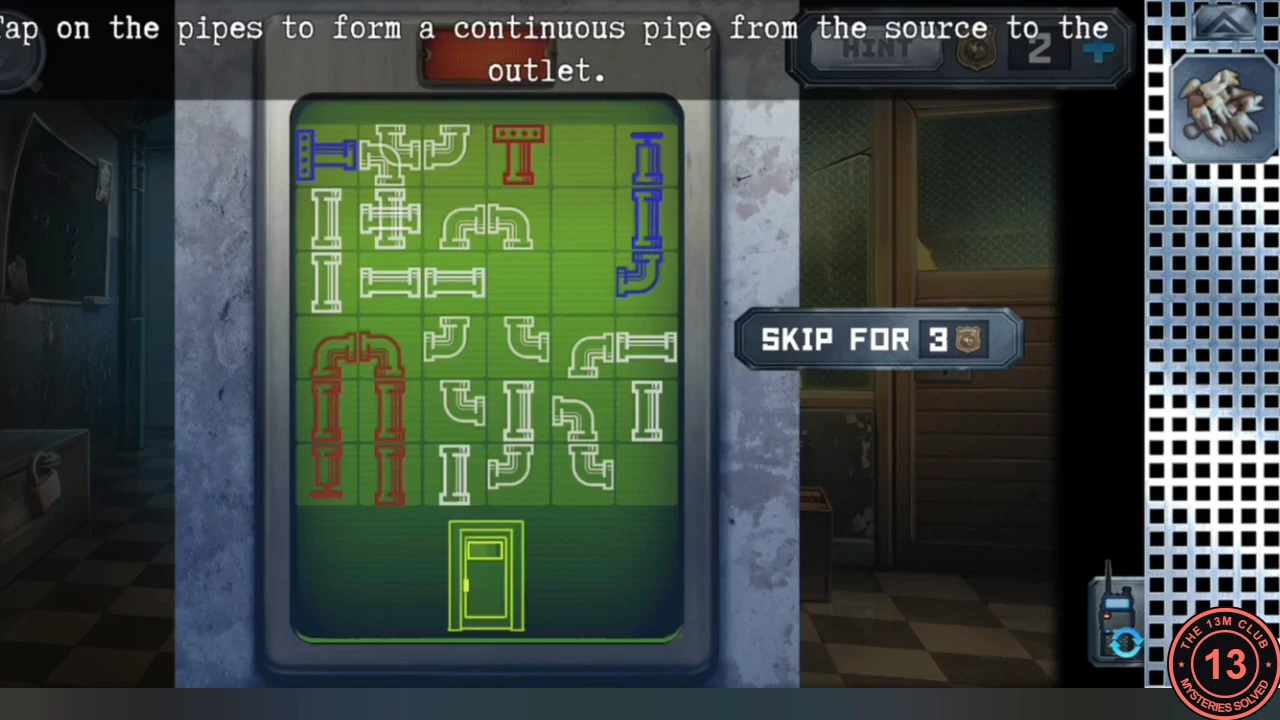 Skull panel pipe puzzle on a green grid with blue and red pipe sources at the top, loose white pipe pieces and the door outlet at the bottom