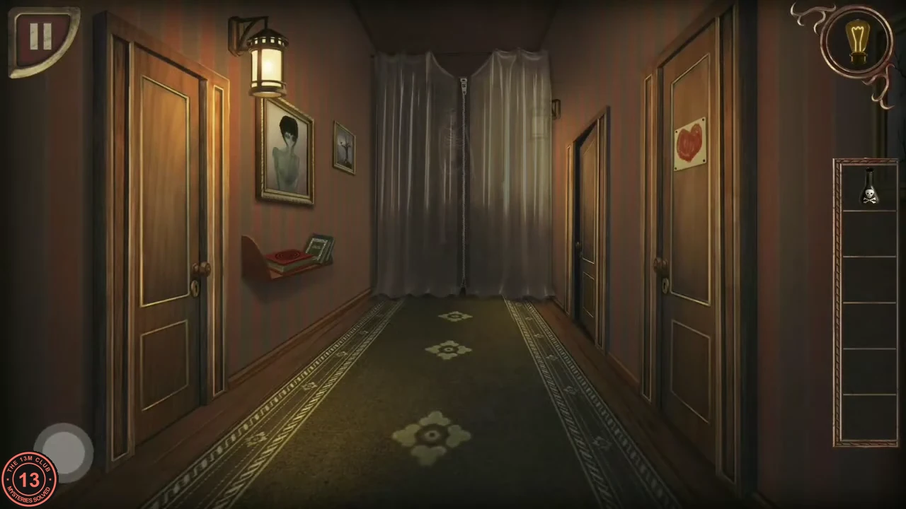 The upstairs hallway with a red box on a small shelf on the left wall below a portrait, doors on both sides and a curtain at the far end.