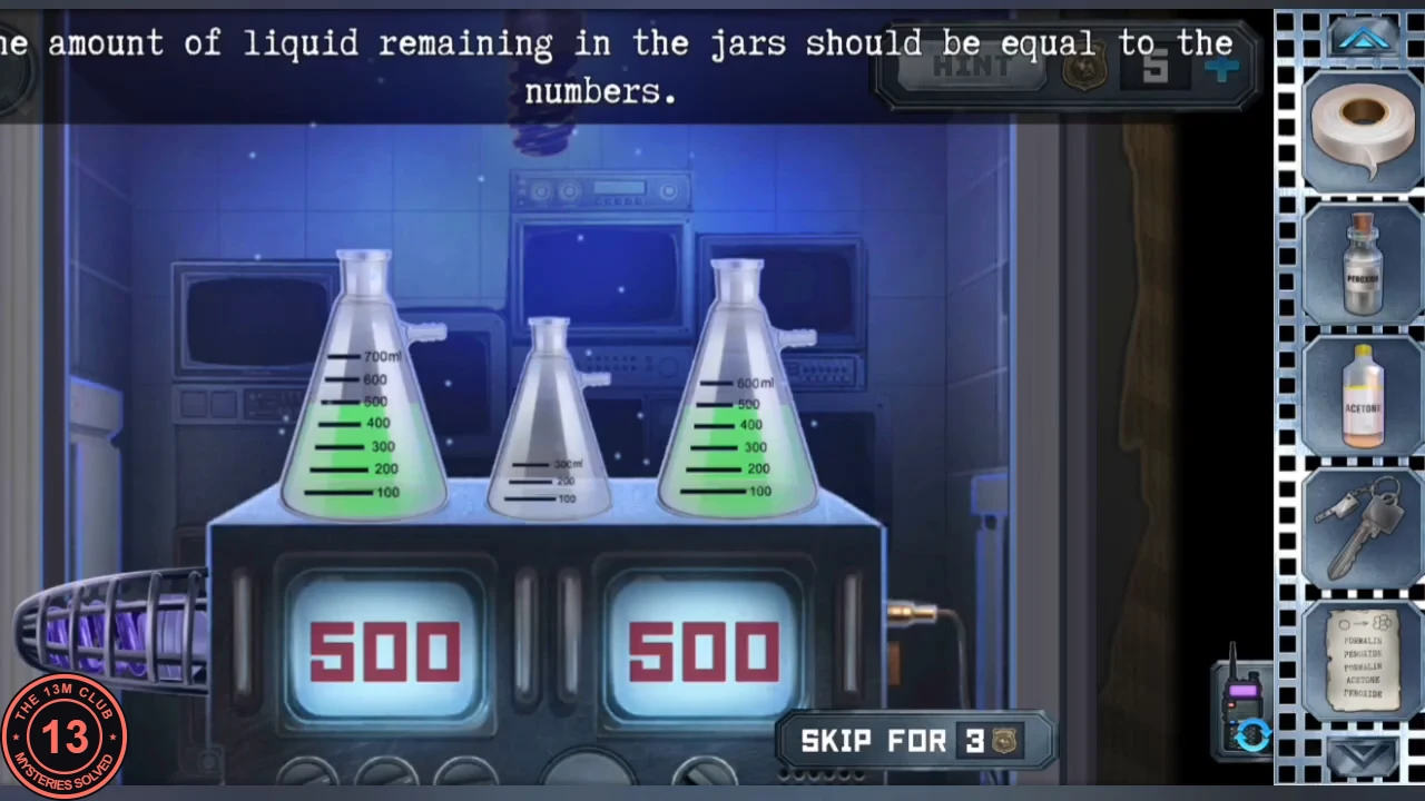The chemistry machine solved: left and right flasks each at the 500 mark, the middle flask empty, and both displays showing 500 in red