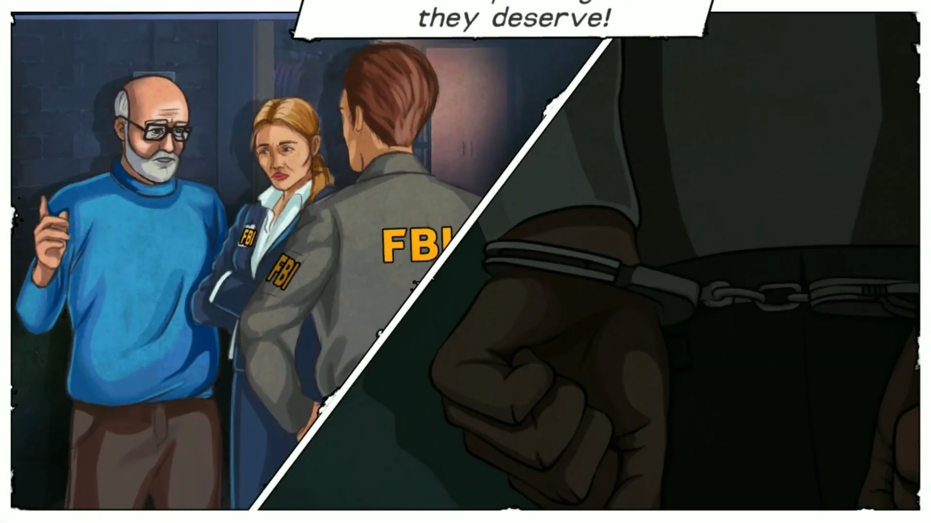 Closing comic panel of Jack with FBI agents beside a handcuffed culprit