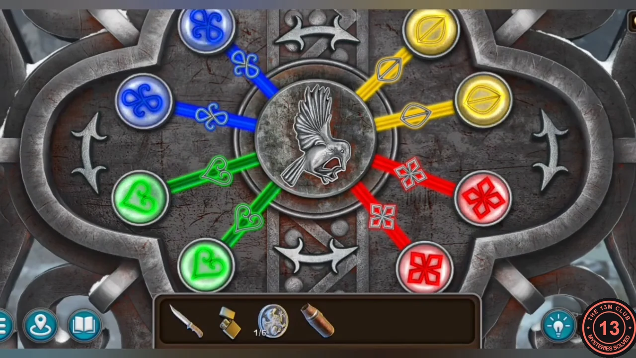 Solved bird lock with blue rods on blue trefoils, yellow on yellow leaves, green on green hearts and red on red flowers