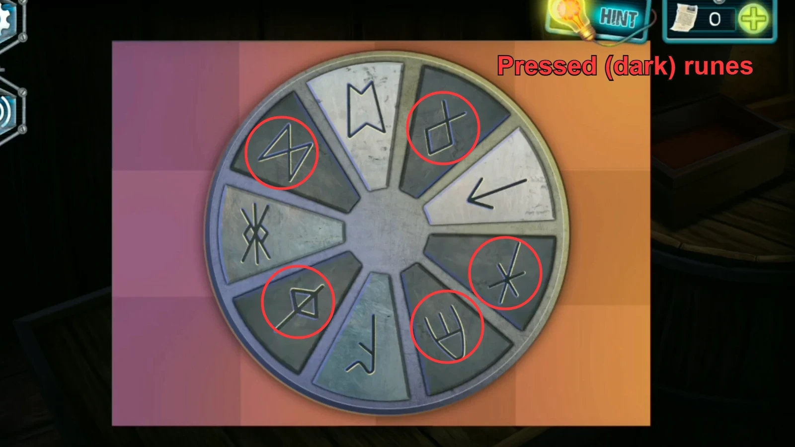 Rune wheel with the five pressed dark segments circled