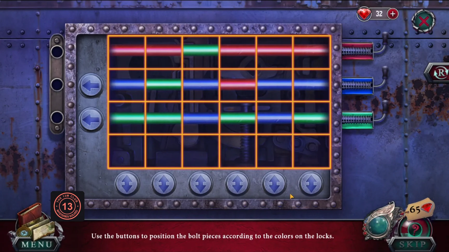 Van lock panel with red, blue and green bolt rows, row buttons at the left and column buttons below