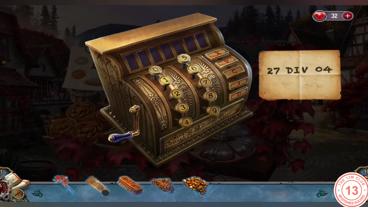 Antique cash register with an empty display beside the code slip reading 27 DIV 04