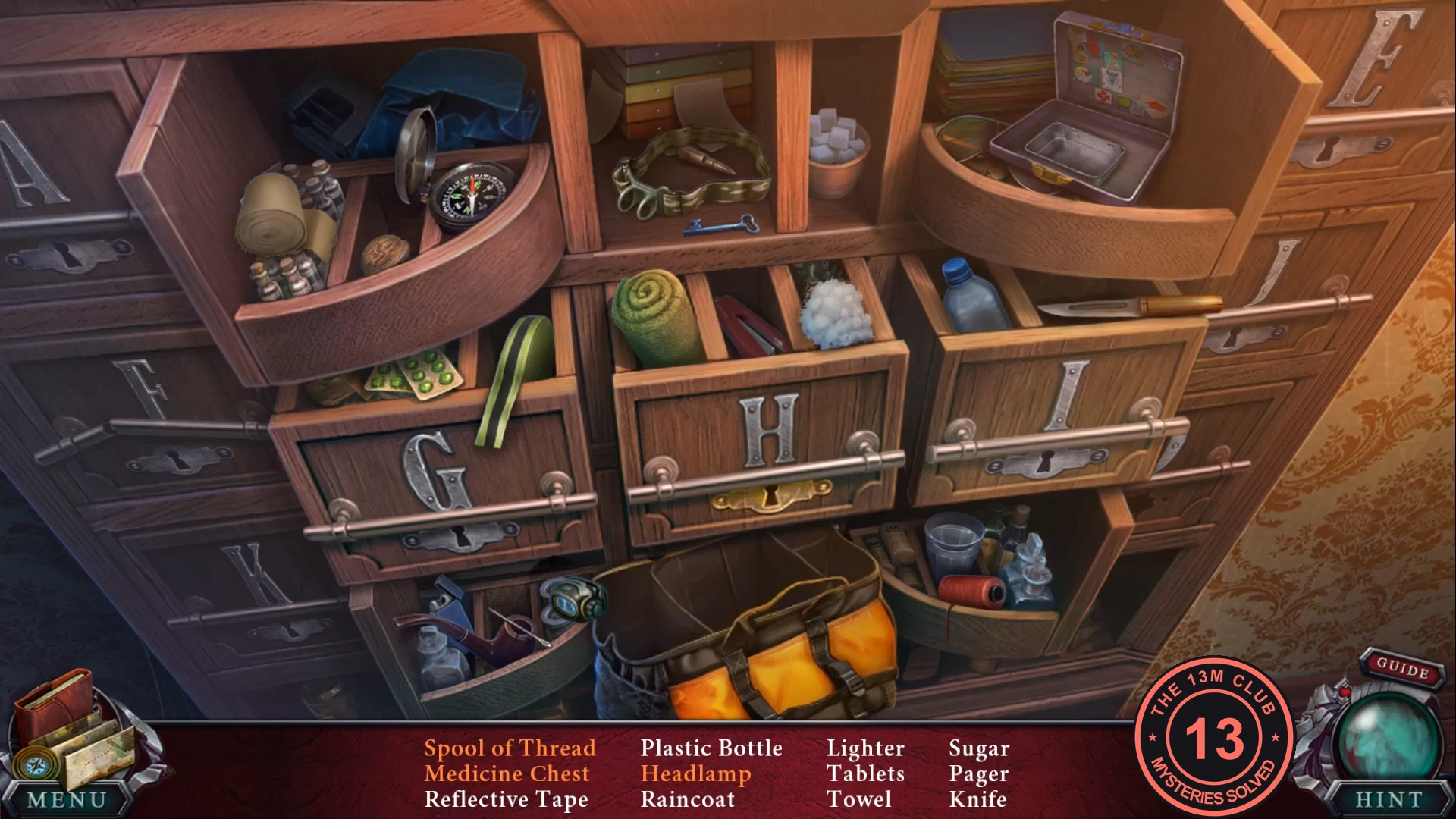 Open drawer cabinet with the item list at the bottom