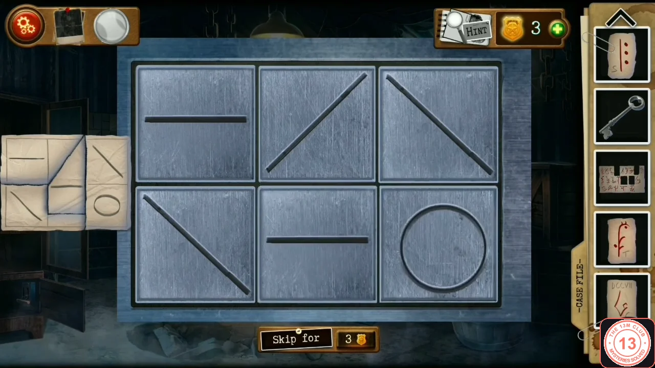 The panel matching the hint: top row horizontal line, rising diagonal, falling diagonal; bottom row falling diagonal, horizontal line, circle