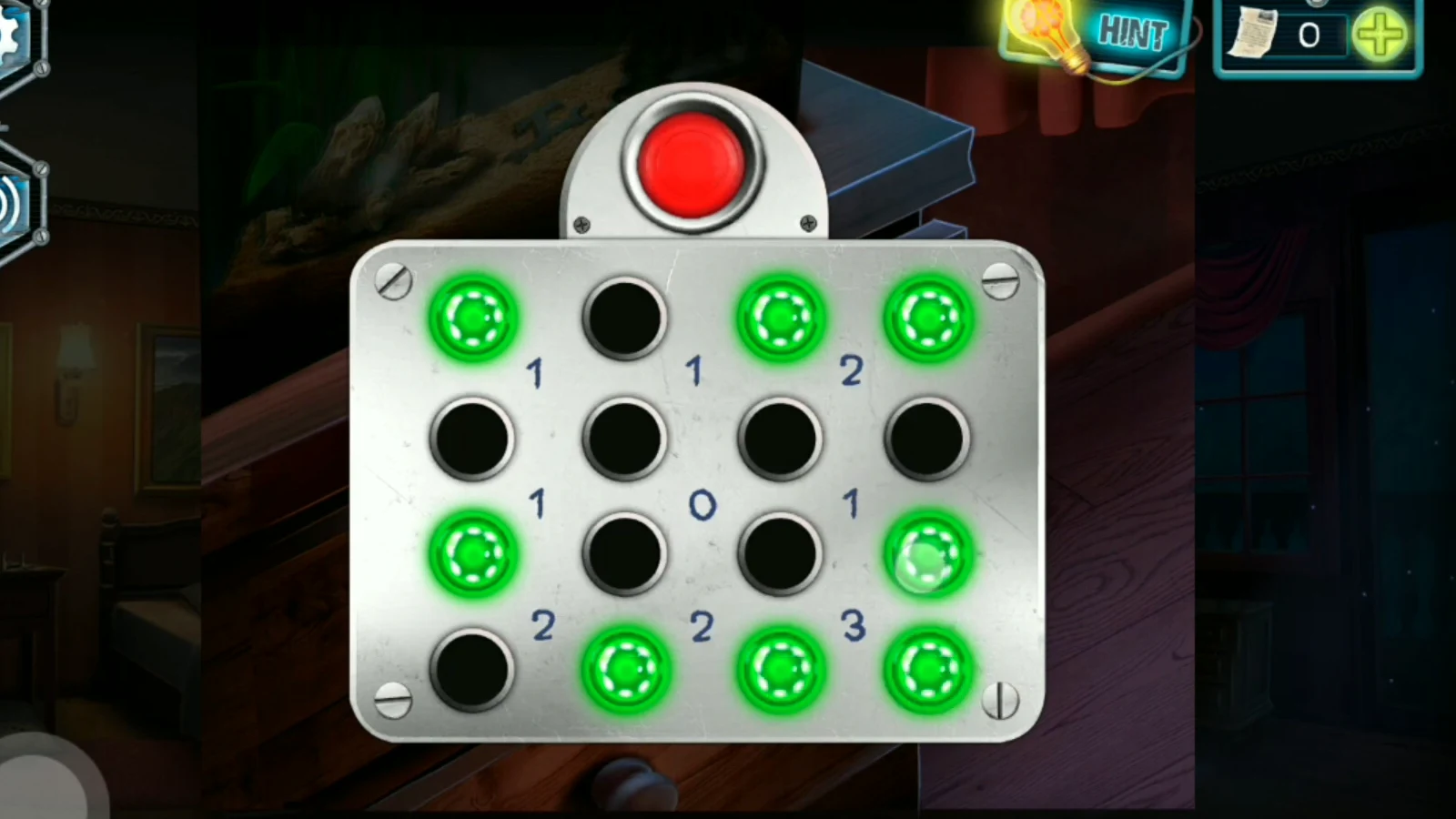 Dresser button grid with the eight buttons of the solution lit green, before pressing the red button