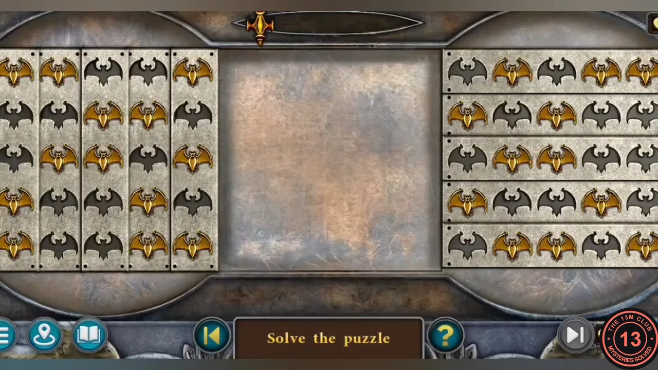 Mansion door bat puzzle: a left panel of vertical strips and a right panel of horizontal strips of gold and dark bats