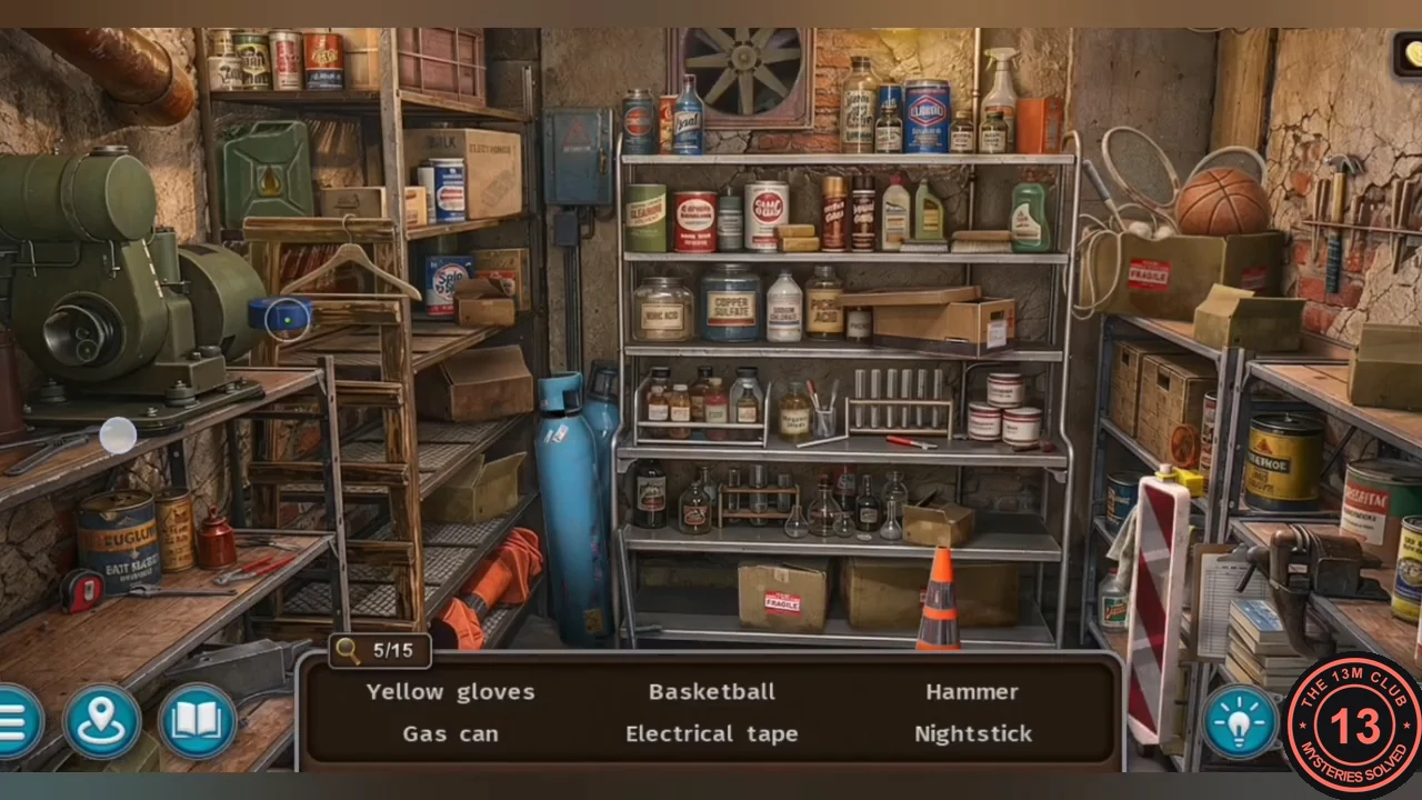 Cluttered prison storeroom hidden-object scene with shelves, a generator and an item list at the bottom