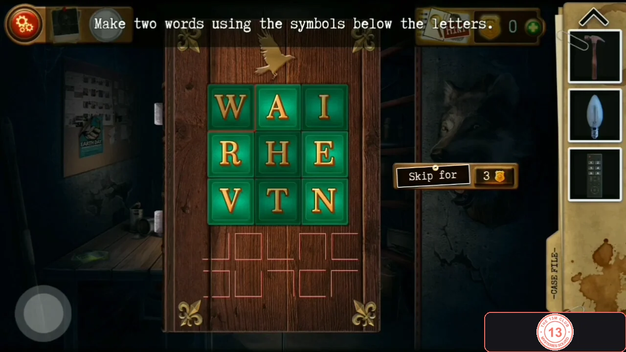 Wooden box with a 3x3 letter grid W A I, R H E, V T N and pigpen-style outlines below it