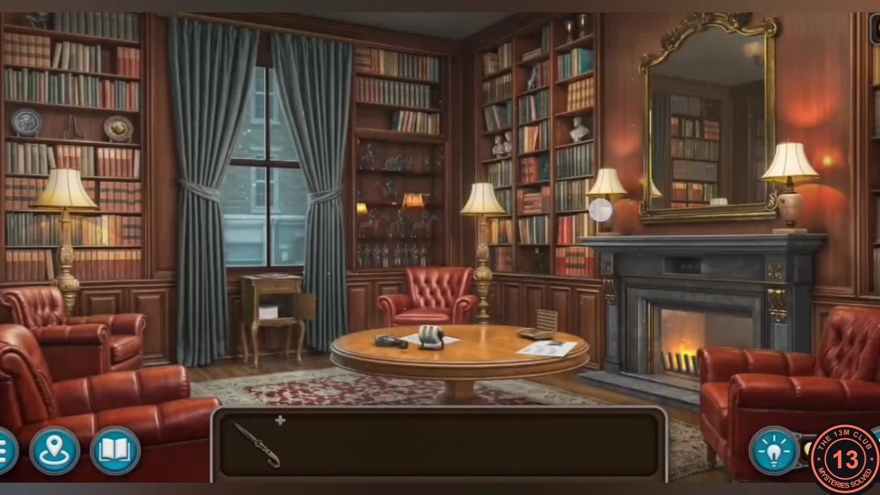 Club Lotus library with floor lamps, a bookshelf lamp and a mantel lamp