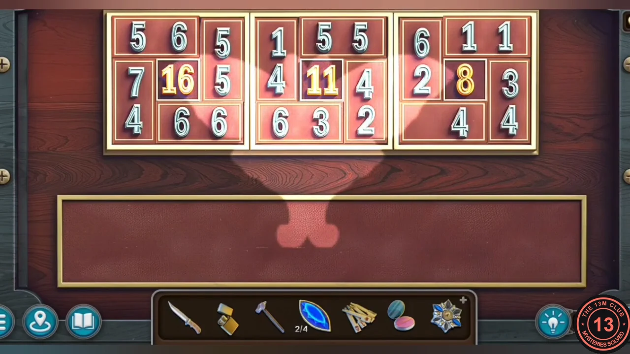 Solved number trunk with all domino tiles placed around the frames 16, 11 and 8