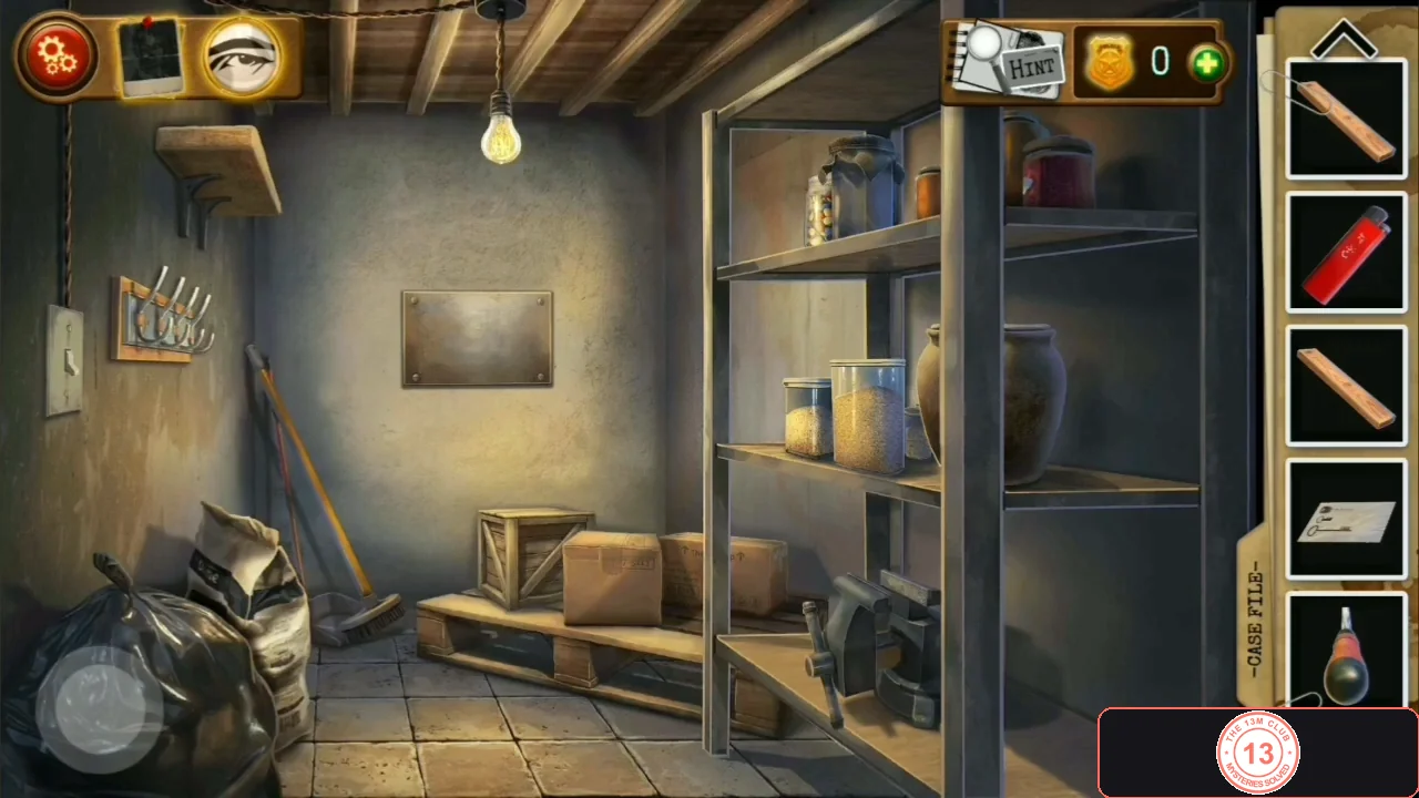 Storage room with a screwed metal plate on the wall, coat hooks holding a rag, metal shelves with jars, a wooden crate and a vise on the workbench