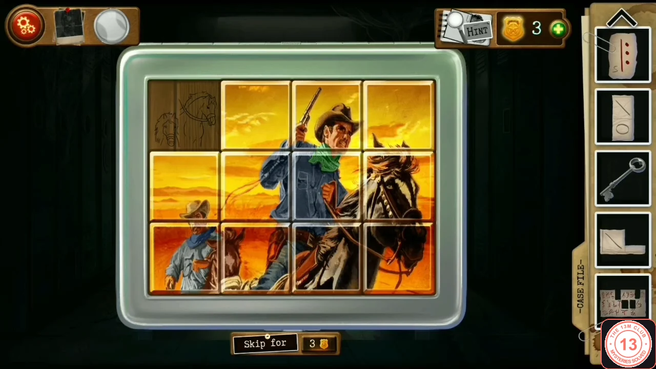 Completed sliding picture of a cowboy with a raised revolver riding a dark horse, a second rider at the bottom left and a blank wooden tile with a horse sketch in the top-left corner