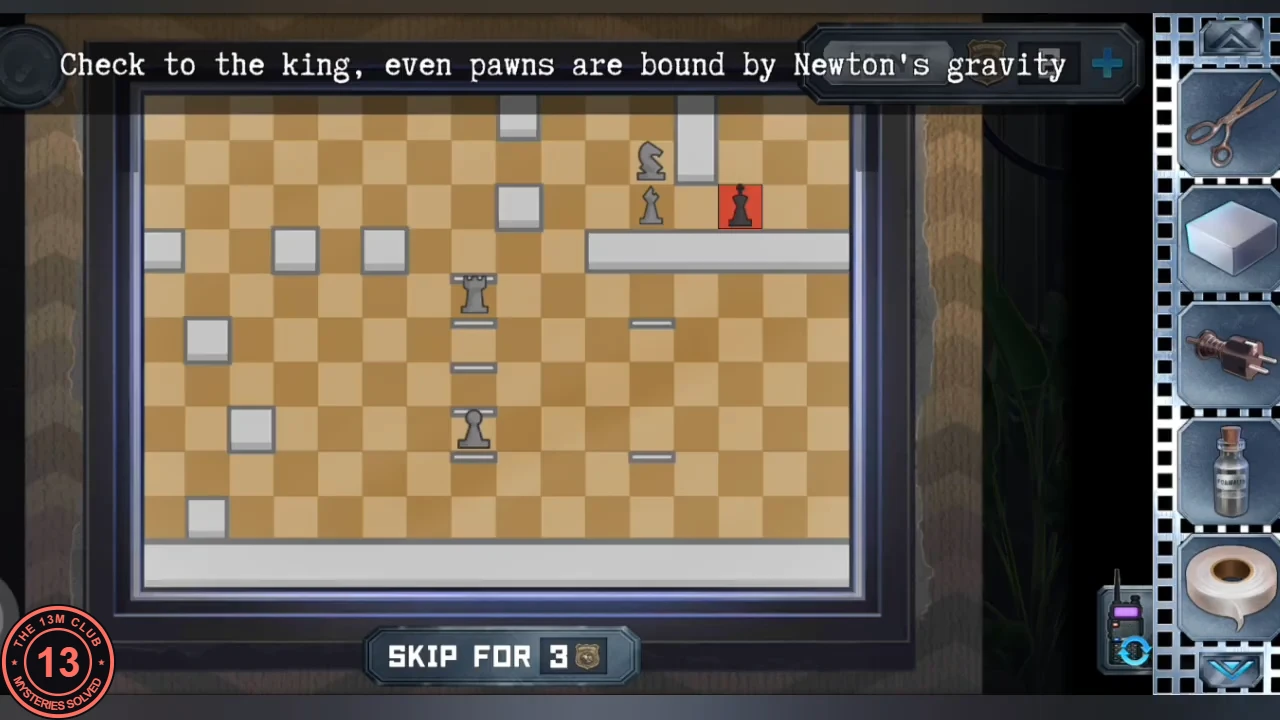 The gravity chess board with the black king's square highlighted red; a white knight and pawn stand on the ledge next to it, and a rook and pawn sit on the ledges in the middle column