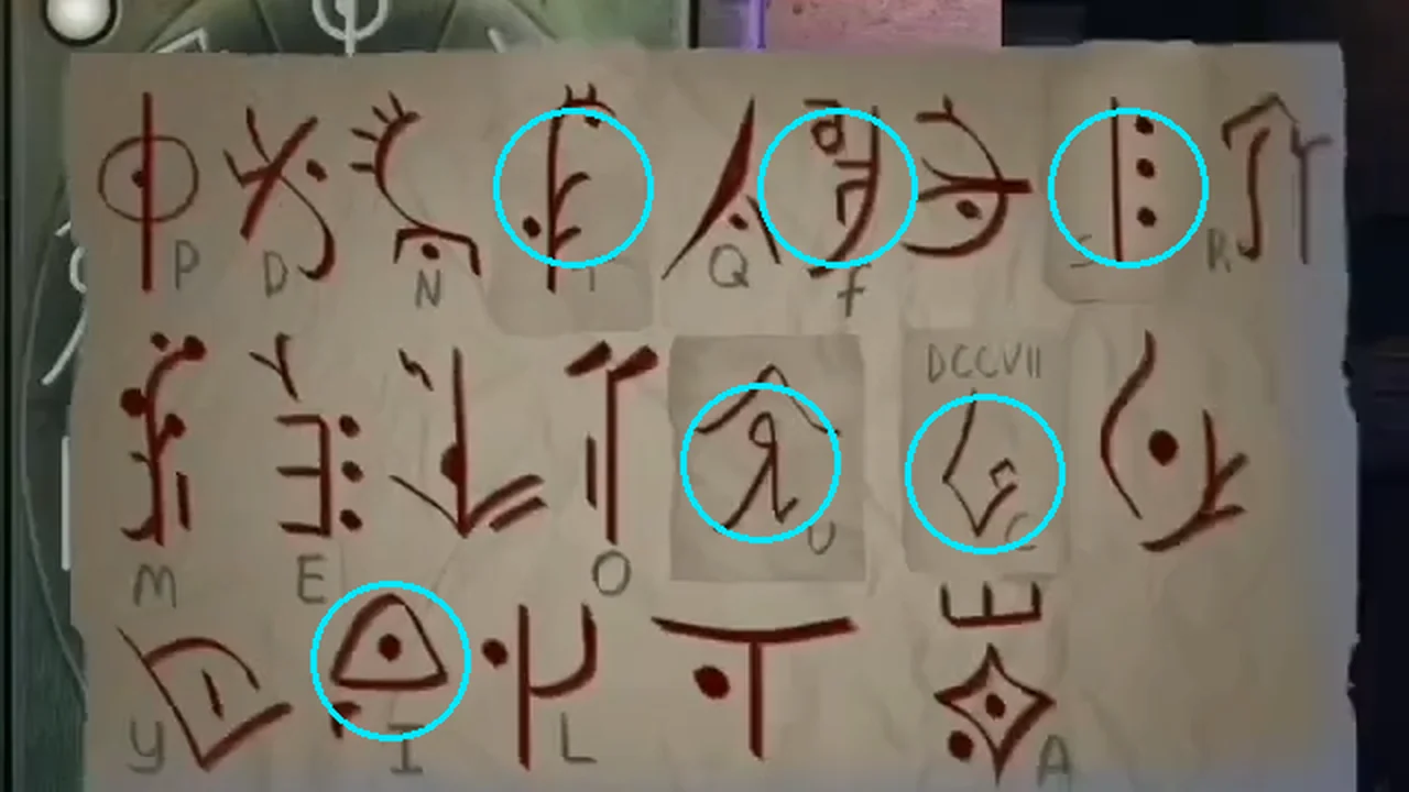 The completed rune sheet with a small letter under each rune; the runes for F, I, C, T, U and S are circled in cyan