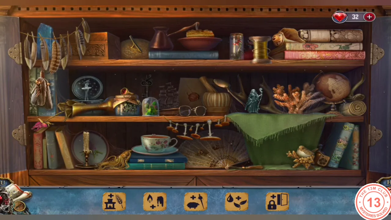 Glass cupboard shelves full of objects, with picture-clue cards of two joined pictograms in the bottom bar