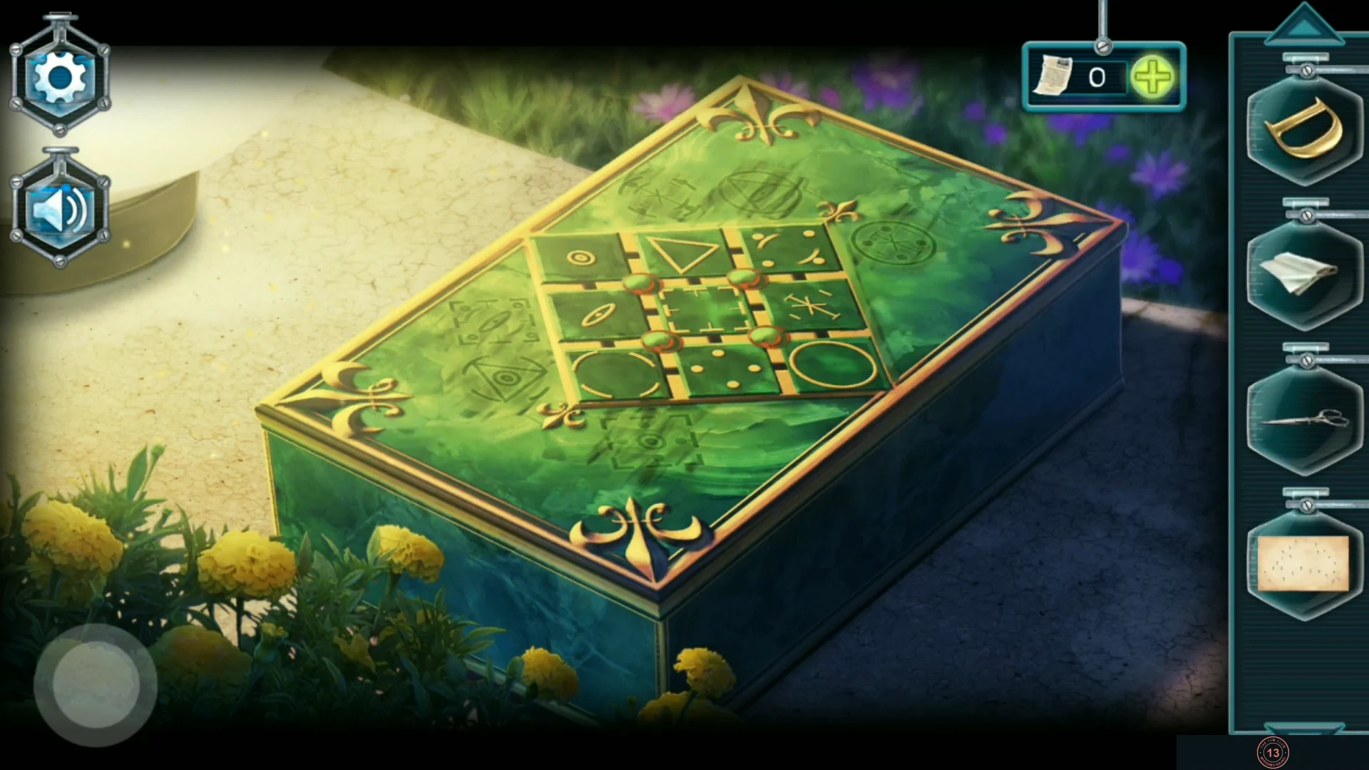 Green box in the garden with a diamond of nine rhombus tiles and four red rotation knobs