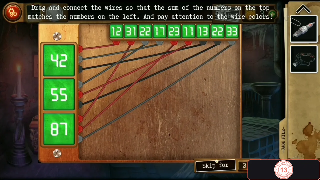UV wire puzzle solved: targets 42, 55 and 87 on the left turn green with wires running to the numbers along the top