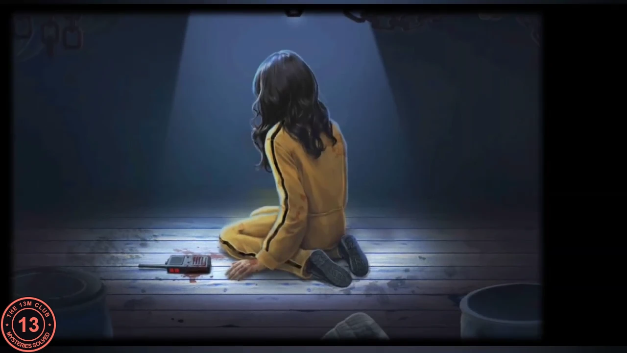 Anna in a yellow jumpsuit kneeling alone under a spotlight on a wooden floor, a walkie-talkie lying in a small pool of blood beside her