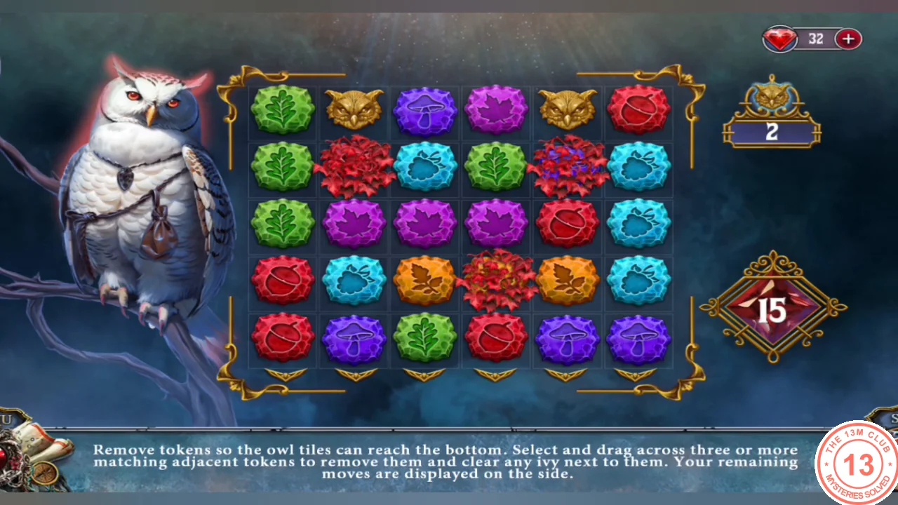 Owl token board with two owl tiles in the top row; 15 moves remaining