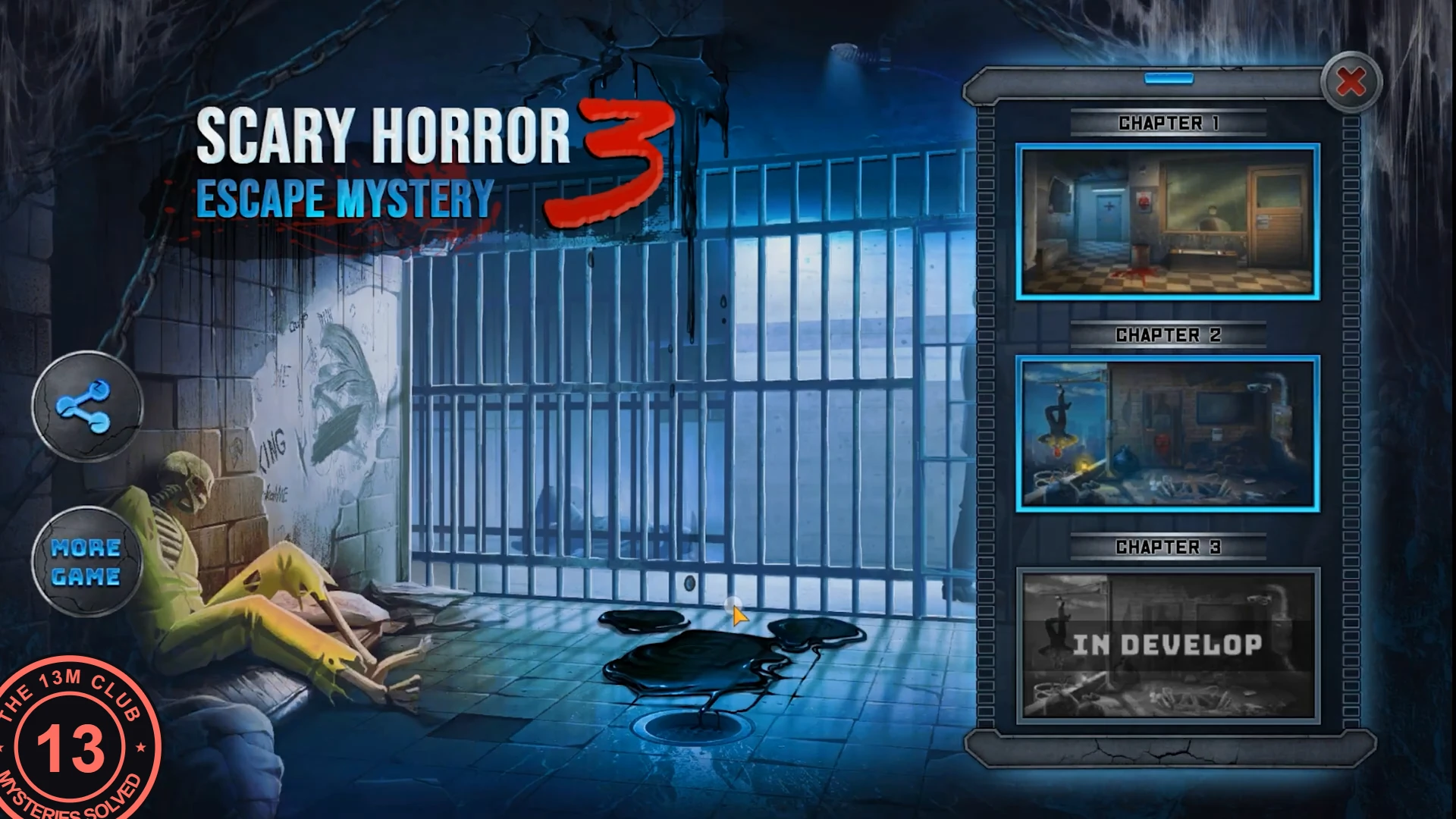Main menu with the Chapters panel open: Chapter 1 and Chapter 2 with picture thumbnails, and Chapter 3 greyed out and labelled IN DEVELOP