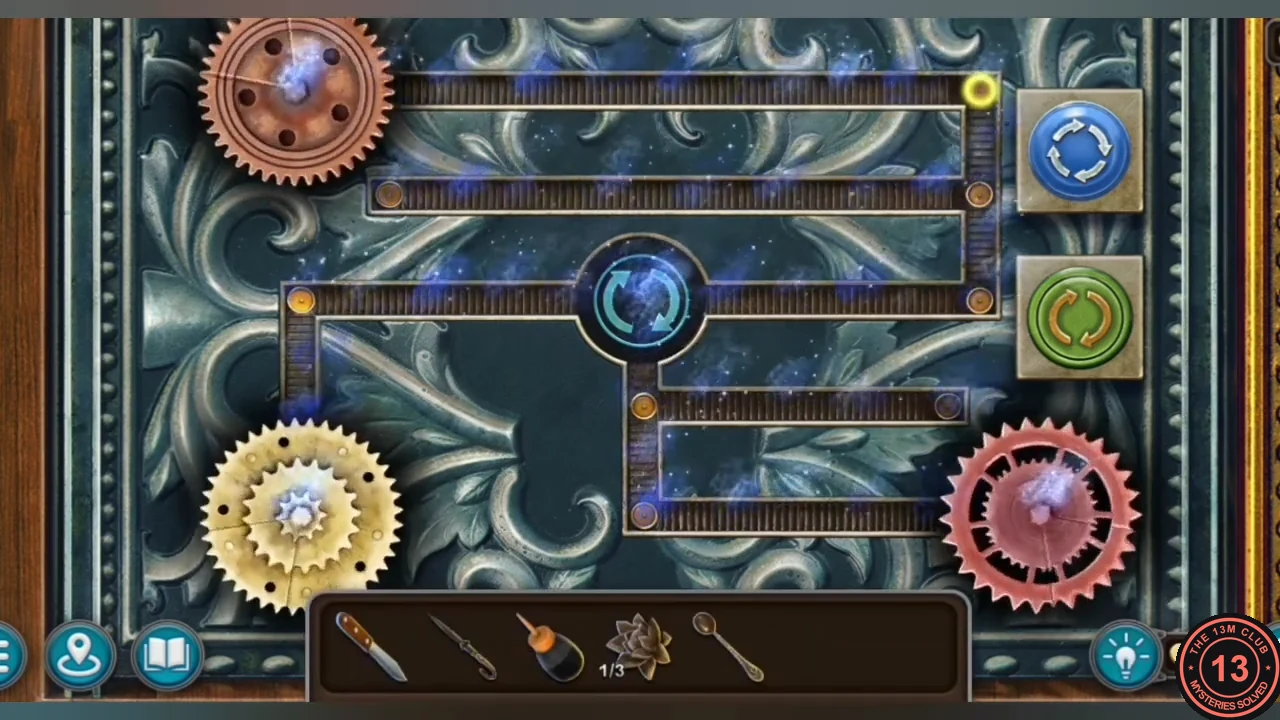 Gear lock with the copper, gold and red gears all whole and a blue completion sparkle over the board