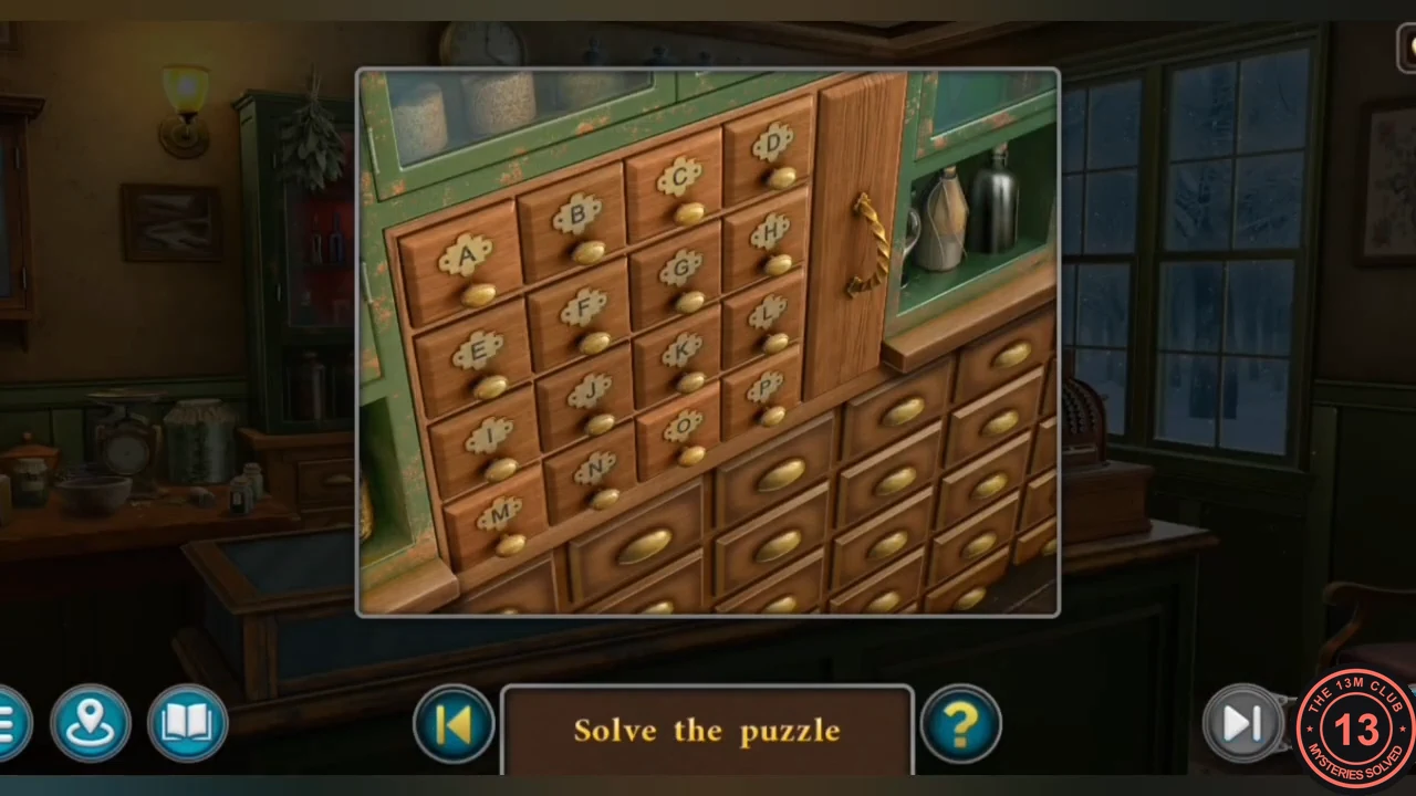 Pharmacy cabinet of small lettered drawers beside the window