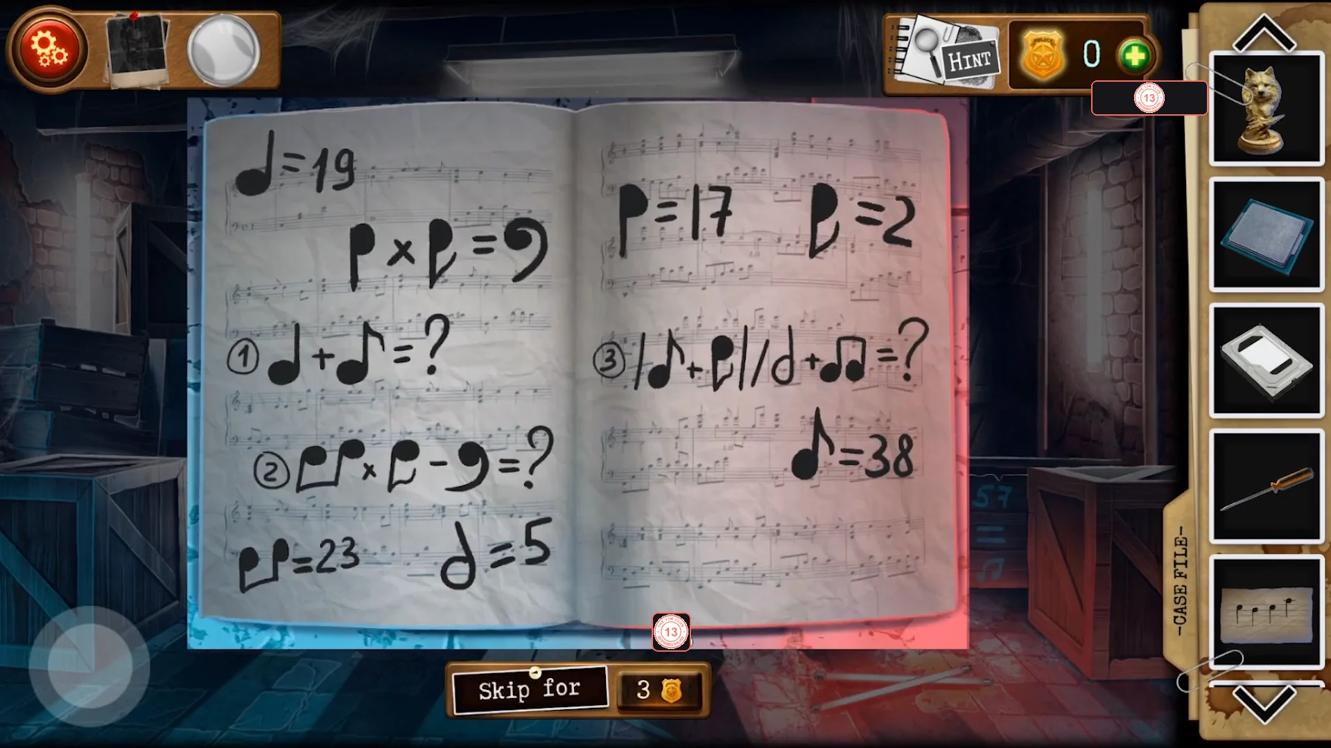 Notebook page assigning numbers to music-note symbols, such as 19, 17, 2, 23, 5 and 38, with three numbered equations to solve