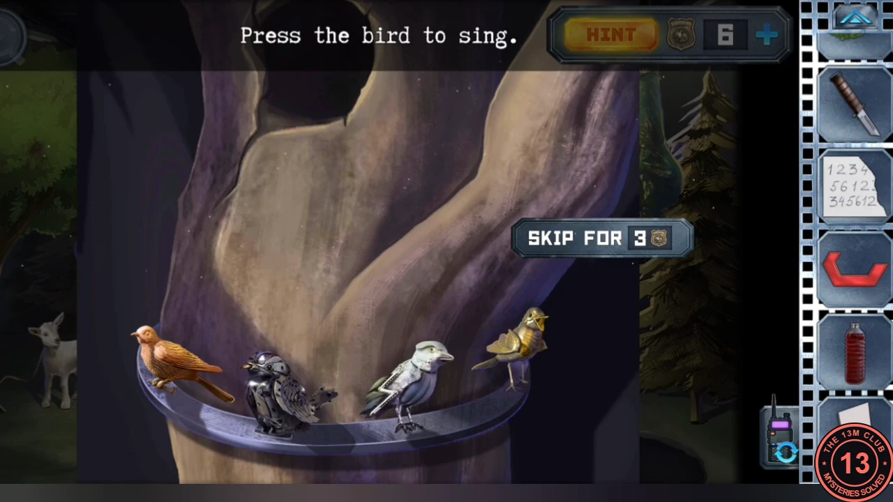 Four mechanical birds (orange, black, white, gold) on a ring around the hollow tree at the goat camp, with the instruction "Press the bird to sing."