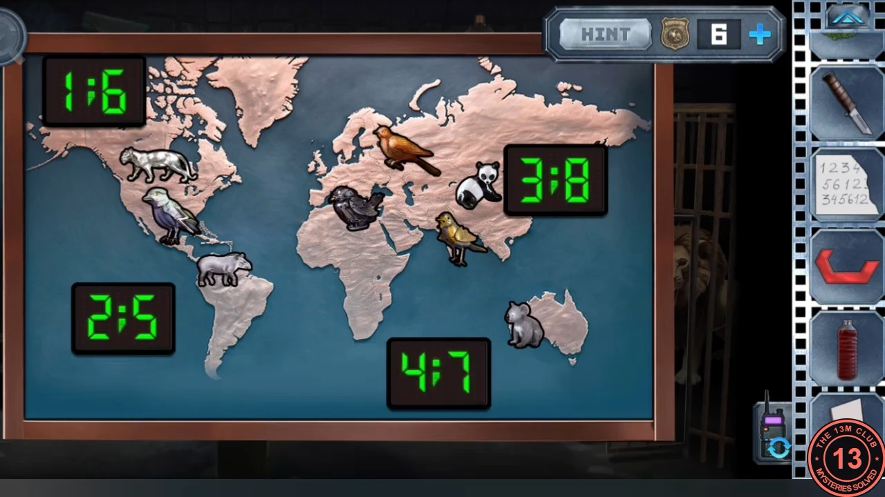 The solved world map: puma and eagle in North America, tapir in South America, orange bird and panda in Asia, black bird in Europe, gold bird in southern Asia, koala in Australia; green boards read 1:6, 2:5, 3:8 and 4:7