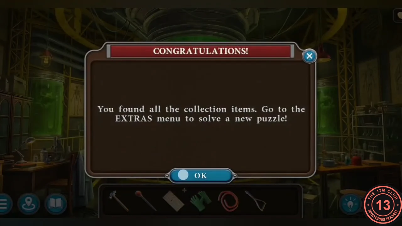 Congratulations popup: You found all the collection items. Go to the EXTRAS menu to solve a new puzzle